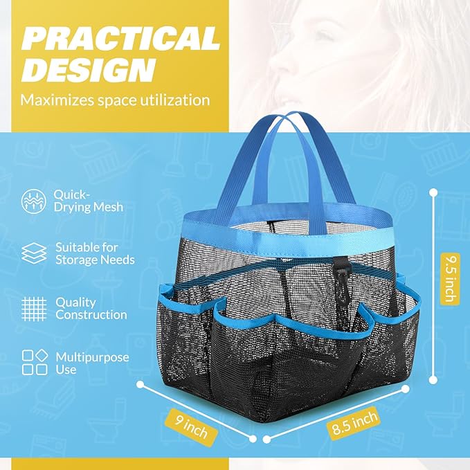 Mesh Shower Caddy Portable for College Dorm Room Essentials with 8 Pockets, Shower Bag for Beach, Swimming, Gym, Travel, Bathroom(Blue)