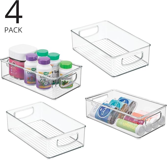 mDesign Plastic Bathroom Storage Container Bins w/ Handles - Closet, Cabinet, Vanity, Cupboard Shelf Organization, Hair Tools Accessory Organizer - Ligne Collection; Clear, 10x6x3 (Pack of 4)