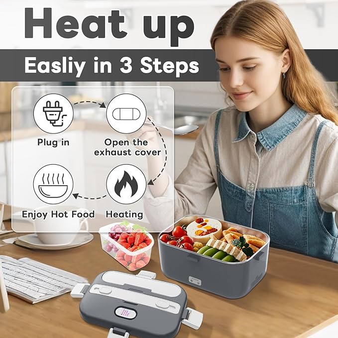 DUPASU Electric Lunch Box Food Warmer: 100W Heated Lunch Box for Adults, 1.8L Portable Fast Heating Lunchbox Food Heater for Car, Truck, Work, Travel, Lonchera Elctrica Porttil 12/24V/110-230V