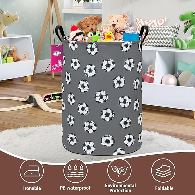 Laundry Hamper Large Canvas Fabric Lightweight Storage Basket/Toy Organizer/Dirty Clothes Collapsible Waterproof for College Dorms, Boys and Girls Bedroom,Bathroom(grey football)