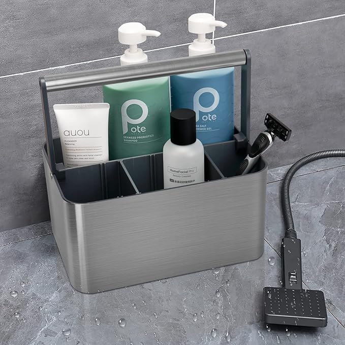 Portable Shower Caddy Dorm: Compact Bathroom Caddy Organizer with Handle & Adjustable Dividers, Hard Plastic Shower Basket Storage Tote for Toiletry, College Dorm Room Essentials for Men Gray