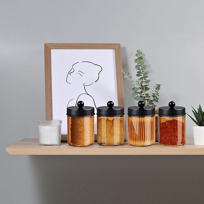 3 Pack Apothecary Jar Canisters Bathroom Vanity Organizer - Qtip Holder Storage Organizer Set Countertop Canister with Stainless Steel Lids &Cute Stickers for Qtips,Cotton Swabs,Makeup Sponges,Floss