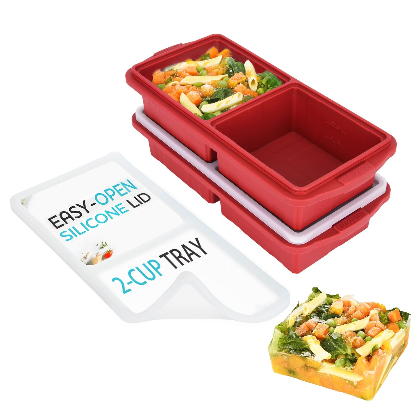 XOMOO Silicone Freezer Tray With Lid - Soup Freezer Container molds - Large Ice Cube Tray- makes 8 perfect 1 cup portions cubes, 2-Pack Freezer Storage Food Soups & Meal Prep - Oven & Dishwasher -Safe