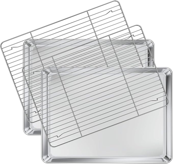 Deedro Baking Sheet with Rack Set [2 Sheets + 2 Racks], Stainless Steel Cookie Half Sheets Baking Pan Oven Tray with Cooling Rack, 12 x 10 x 1 Inch, Heavy Duty, Non-toxic, Easy Clean