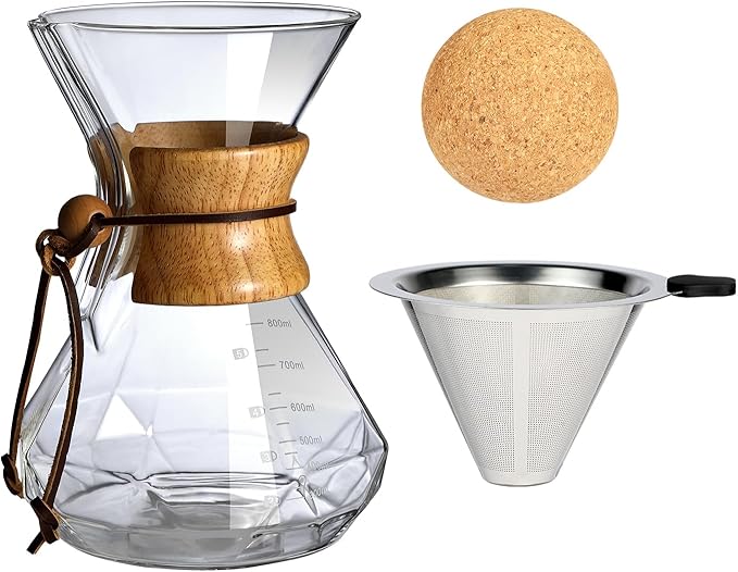 HYAXGM Pour Over Coffee Maker With Wood Sleeve，27oz/800mlPour Over Coffee Dripper,Pour Over Coffee Maker Set With Cork Stopper (27oz/800ml)