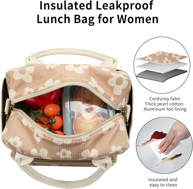 Lunch Bag Women Lunch Box for Women Adult Cute Insulated Lunch Bag Lager Cooler Lunch Tote Bags for Work Picnic (Brown-Flower)