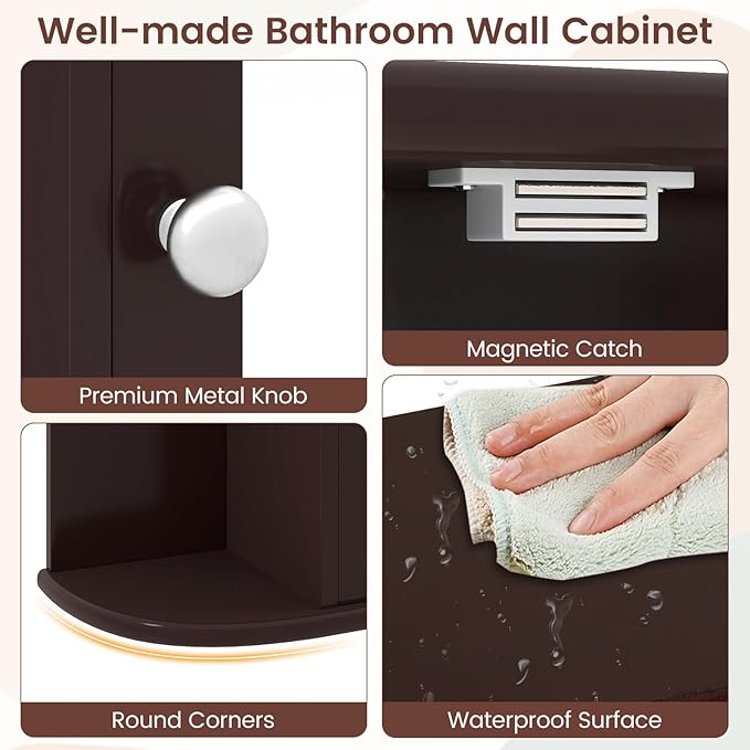 Tangkula Bathroom Medicine Cabinet with Mirror, Modern Wall Mounted Space-Saving Storage Organizer with Mirrored Door, 4 Internal Shelves & 6 Open Side Shelves, Bathroom Wall Cabinet (Coffee)
