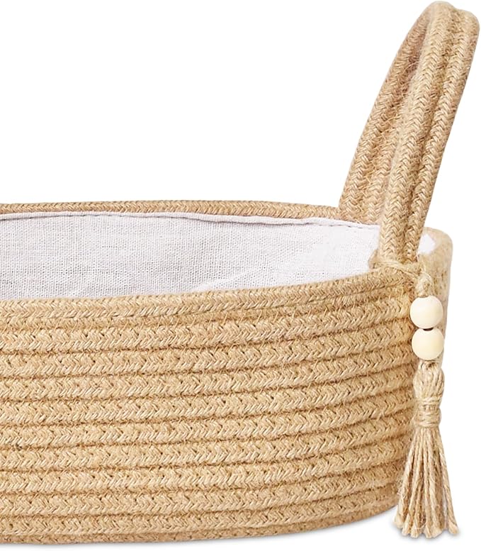 ABenkle Jute Rope Boho Storage Basket, Small Woven Bathroom Organizer, Decorative Toilet Paper Holder for Back of Tank, Hand Towel Caddy, Home Office Desk Decor, Gift Basket-13x6x4 Inches