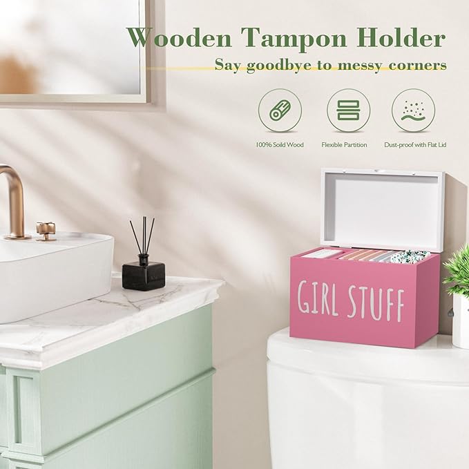Tampon Holder for Bathroom with Hinged Lid, Feminine Product Organizer, Bathroom Period Products, Toilet Organizer, Bathroom Accessories Box for Girl Stuff (Pink)