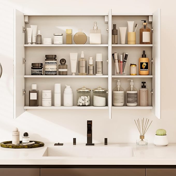 Tangkula Mirrored Medicine Cabinet, Large Wide Wall Mounted Storage Cabinet with 3 Mirror Doors, Hanging Bathroom Organizer, White, 34.5 x 5 x 25.5 Inches