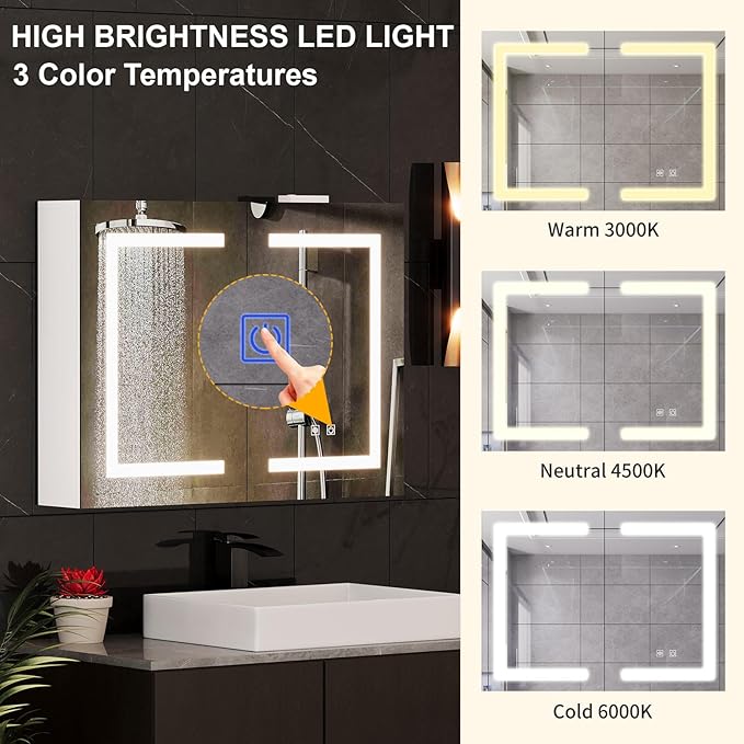 Snughome Bathroom Medicine Cabinet with Mirror and LED Lights, Wall Mount Bathroom Mirror with Storage, Anti-Fog, Built-in Power Outlets, Dimmable 3 Color Temp, Antirust Easy to Install, 31.5" x 23.6"