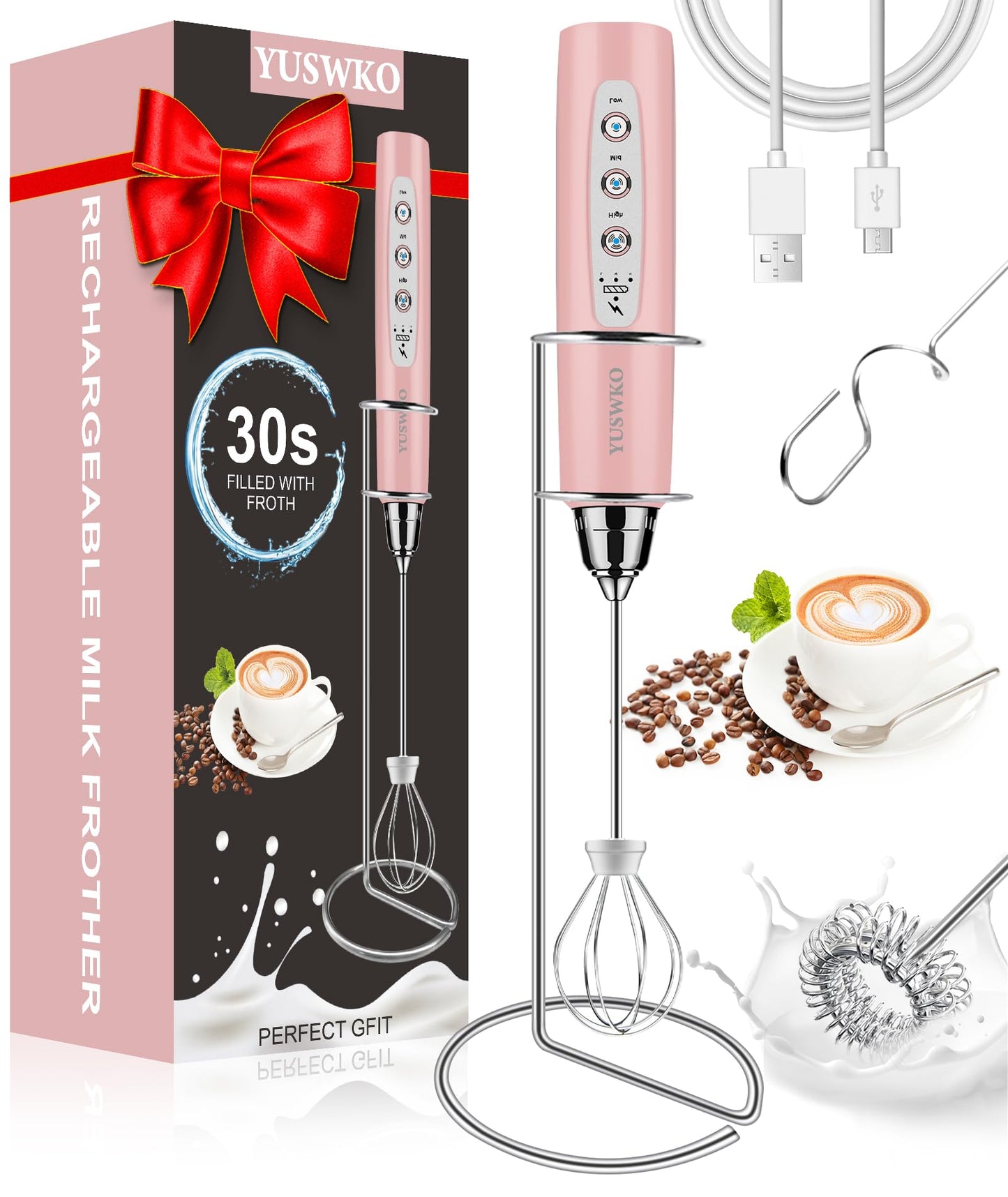 YUSWKO Handheld Milk Frother Wand for Coffee, Rechargeable Electric Whisk with 3 Heads 3 Speeds Drink Mixer Coffee Frother For Latte, Cappuccino, Hot Chocolate, Egg, Beige