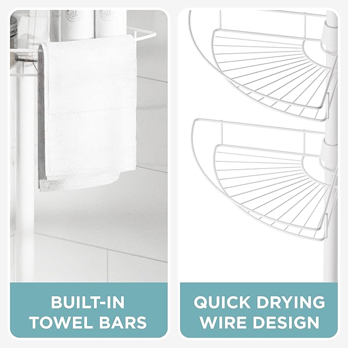 Zenna Home Tension Pole Shower Caddy Corner Organizer, Adjustable Standing Shower Caddy with 4 Baskets and Built in Towel Bar, Rust Resistant Bathroom Tension Rod Organizer, 60 to 97 Inch, White