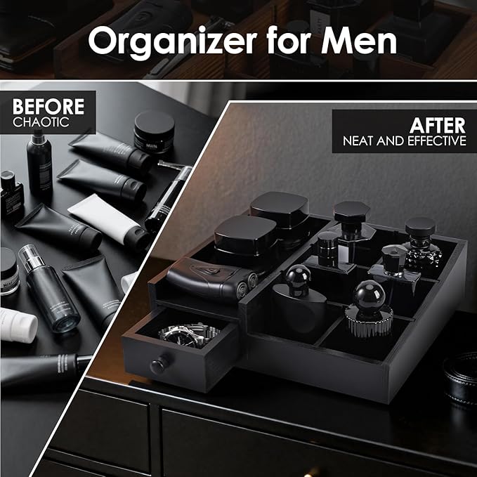 Organizer for Men,Bathroom Countertop Organizers,Perfume Organizer,Cologne Organizers,Bathroom Storage,Perfume Stand,Dresser Organizer,Gifts for Men,Dad Gifts,Adjustable Partition(Black)