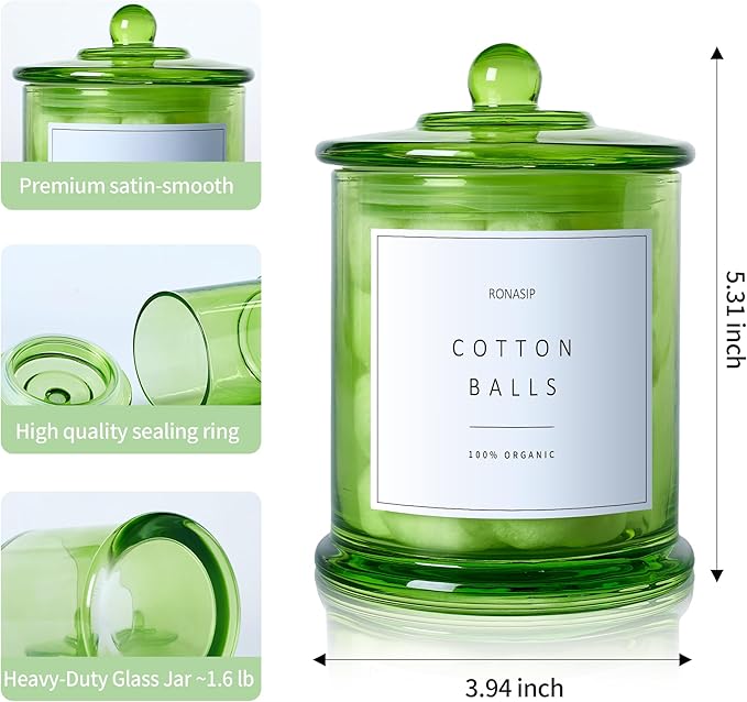 3 Pack Green Qtip Holder Dispenser, 16oz Bathroom Organizer and Storage Canisters, Glass Apothecary Jars with Lid - Home Decor, Room Decor Aesthetic