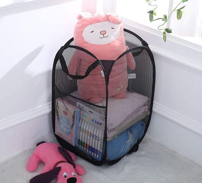Larpur Popup Mesh Laundry Basket, Collapsible and Portable Clothes Washing Laundry Hamper with Reinforced Carry Handle (Black)