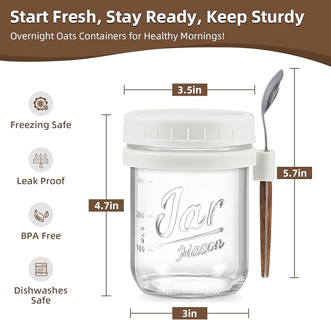 6 Pack Overnight Oats Containers with Lids and Spoons, 16 oz Glass Mason Overnight Oats Jars, Large Capacity Airtight Jars for Milk, Cereal, Fruit(White)