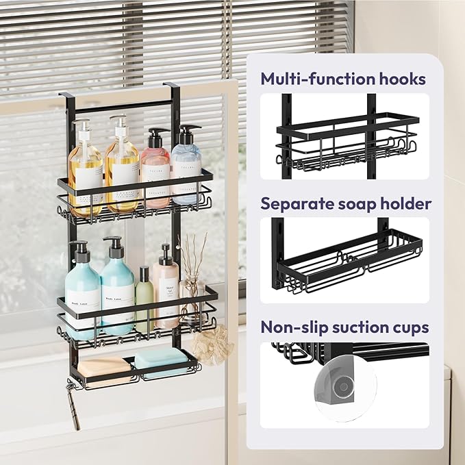 SWTYMIKI Over The Door Shower Caddy - 3 Tier Rustproof Hanging Shower Organizer with Adjustable Shelves, 28 Hooks & Soap Holder, Hanging Shower Rack Storage for Bathroom Accessories, Black