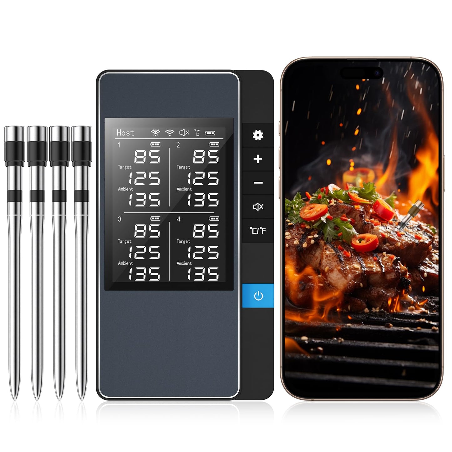 Smart Bluetooth Wireless Meat Thermometer, Real-Time Monitoring Control Digital Thermometer with Smart App, 2 Meat Probes IP67 Waterproof High Accuracy Perfect for BBQ, Oven, Grill & Smoker