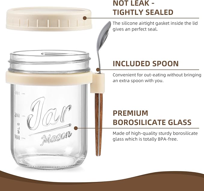6 Pack Overnight Oats Containers with Lids and Spoons, 16 oz Glass Mason Overnight Oats Jars, Large Capacity Airtight Jars for Milk, Cereal, Fruit(Beige）