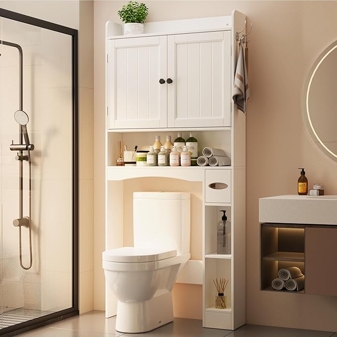 Ahomly Over The Toilet Storage Cabinet, 32.3" W Over Toilet Bathroom Organizer with Doors, Adjustable Shelves, Toilet Paper Holder, 2 Side Hooks, Space-Saver for Bathroom, Laundry, White
