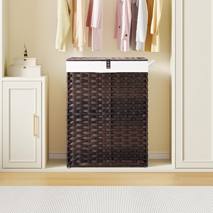 Greenstell Laundry Hamper with Lid, 90L Clothes Hamper with 2 Removable Liner Bags & 2 Mesh Laundry Bags, Handwoven Synthetic Rattan Laundry Basket for Clothes, Toys in Bathroom, Bedroom Brown
