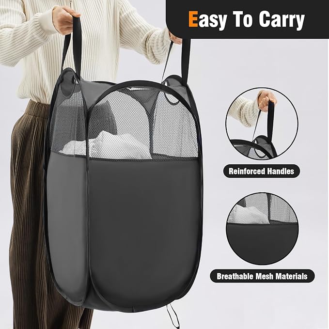 TECHMILLY Pop Up Foldable Laundry Basket, Mesh Laundry Hamper with Reinforced Handles for Dirty Clothes Storage in Dorm, Laundry Room, Bathroom, Black(Fabric), 3 Pack