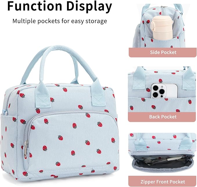 Lunch Bag Women Lunch Box for Women Adult Cute Insulated Lunch Bag Lager Cooler Lunch Tote Bags for Work Picnic (Blue-Strawberry)