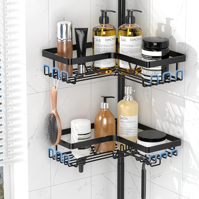 Corner Shower Caddy - 4-Tier Shower Caddy Tension Pole with 2 Removable Soap holders Bathroom Shampoo Holder for Bathtub & Corner, Black, Floor to Ceiling 25-114.2 inch