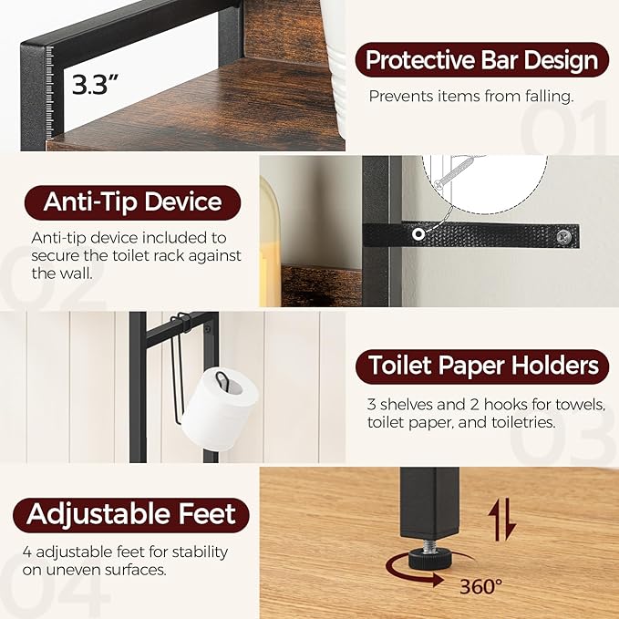 Over The Toilet Storage Rack, 3 Tier Bathroom Organizer Over Toilet, Freestanding Space Saver Toilet Stand with 2 Hooks, Bathroom Storage Shelf, Easy to Assemble, Rustic Brown TSHR6001