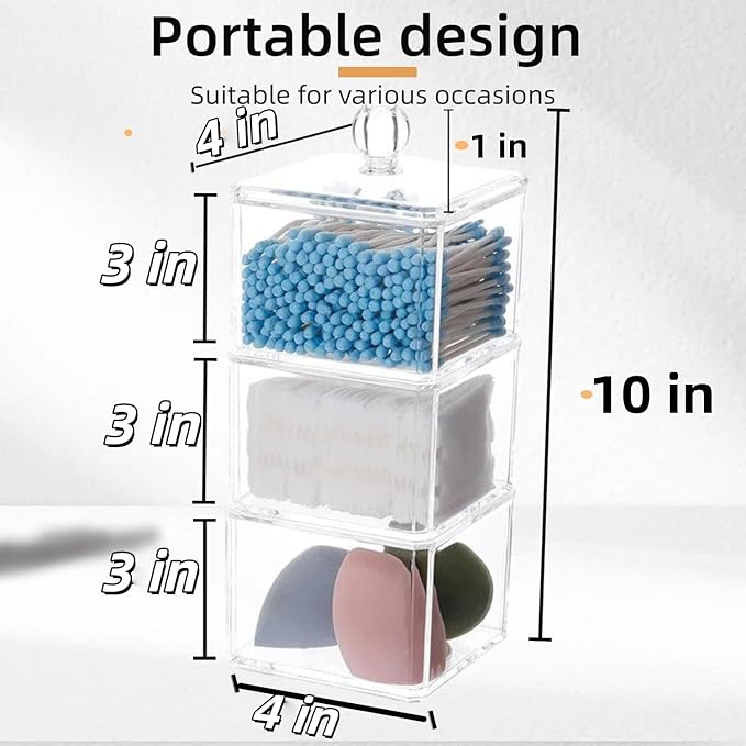 Stackable Square Acrylic Cotton Ball Holder Q-tip Holder Bathroom Swab Dispenser (3-Pack)
