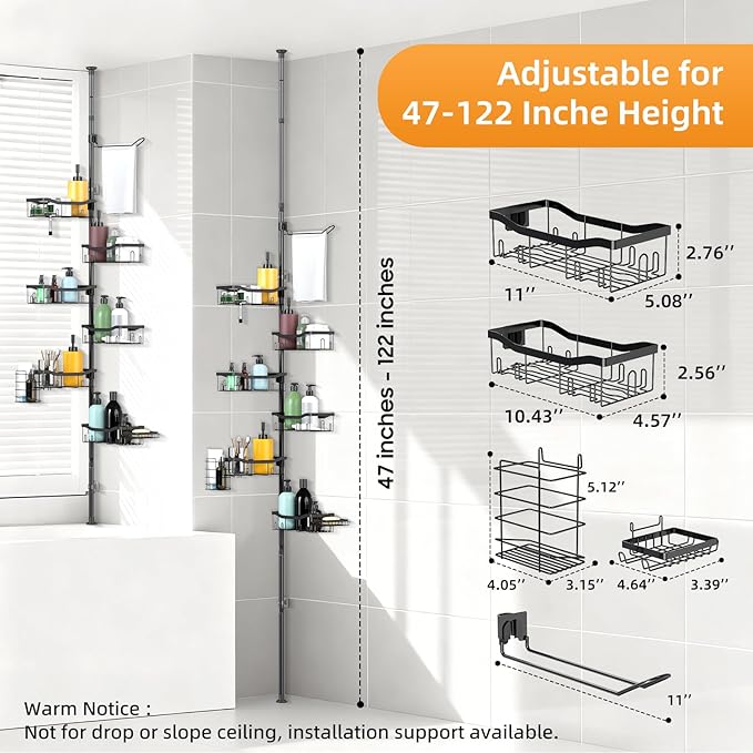 Shower Caddy Corner, 6 Tier Tension Pole Rod Bathroom Organizer Shelves, Adjustable Bathtub Shampoo Stand Rack with Towel Rack 2 Holders for Inside Shower Storage, Floor to Ceiling 47-122 Inch, Black