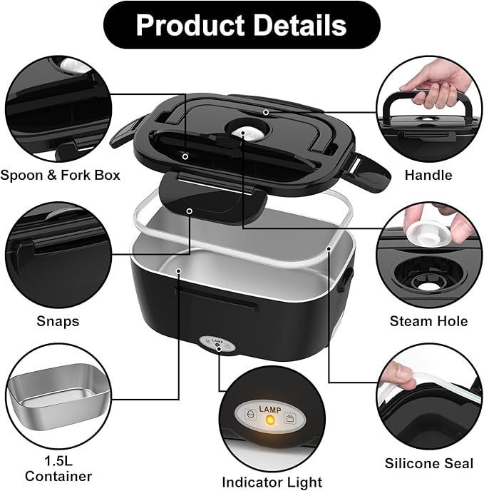 Vabaso Electric Lunch Box for Adults, 80W Heated LunchBox Portable Food Warmer Lunch Box for Work/Men/Car/Truck with 1.5L 304 Stainless Steel Container Fork & Spoon, 110V/12V/24V