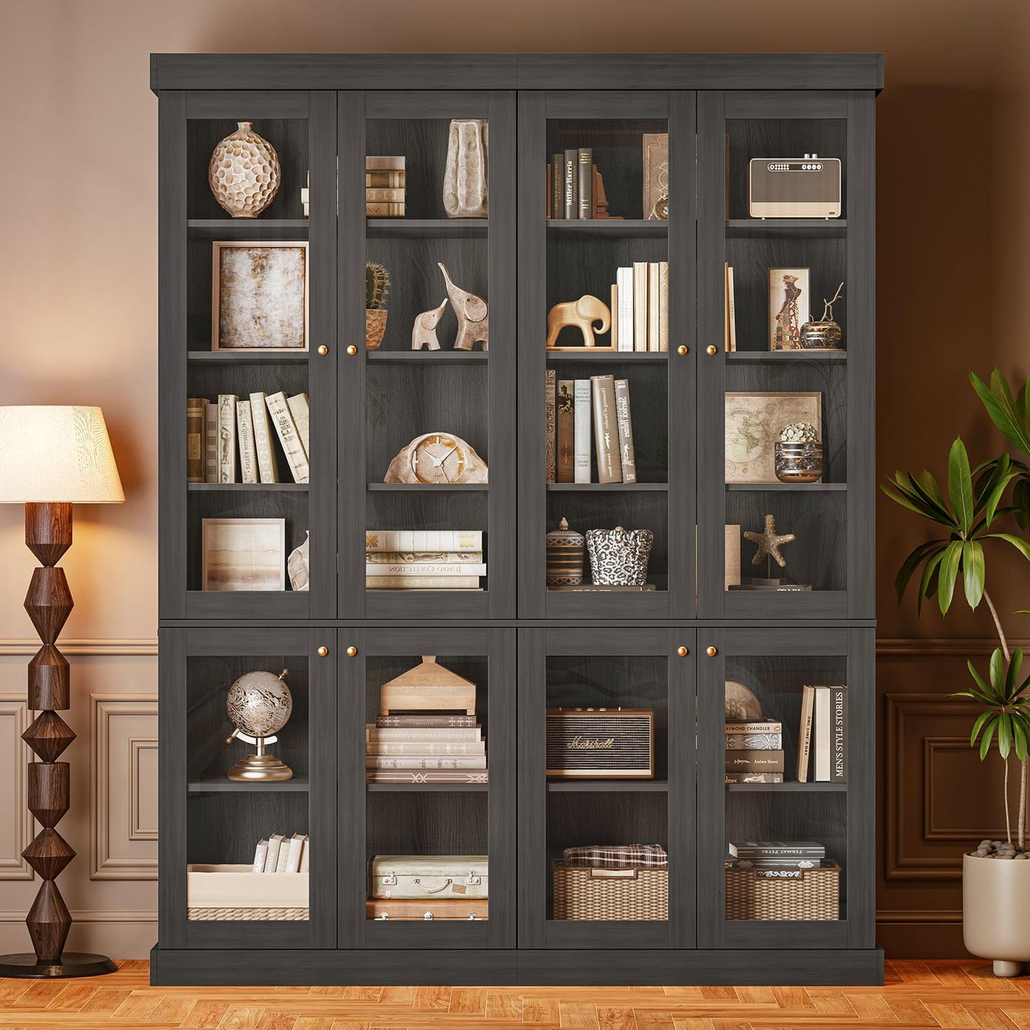 ivaniti 70.8" Tall Bookshelf with Doors, Farmhouse Modular Bookcase with 4-Tier Adjustable Shelves, Large Storage Cabinet for Home Office, Living Room, Brown, Set of 2