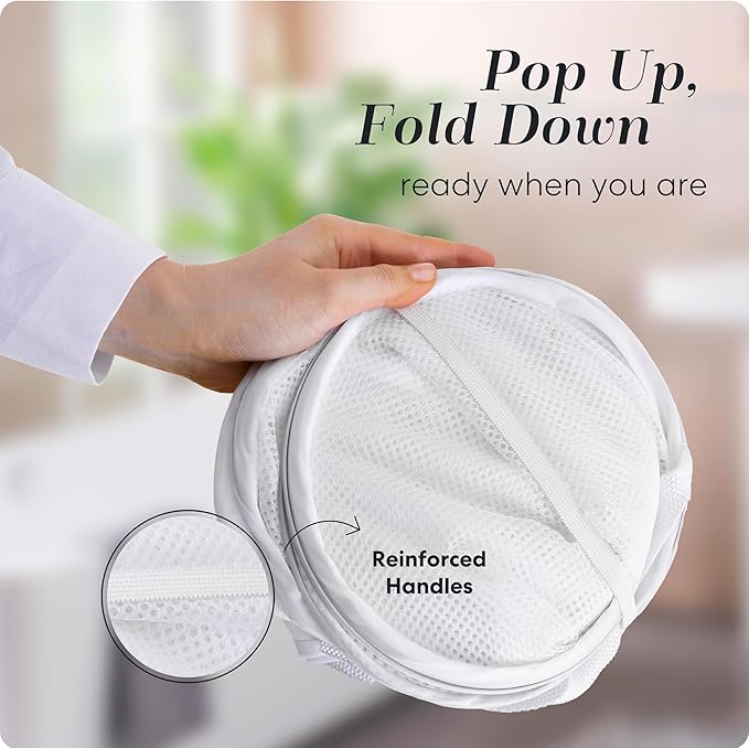 Handy Laundry Mesh Popup Hamper - Two Compartments, Collapsible for Storage and Easy to Open. Folding Pop-Up Clothes are Great for The Kids Room, College Dorm or Travel. (White)
