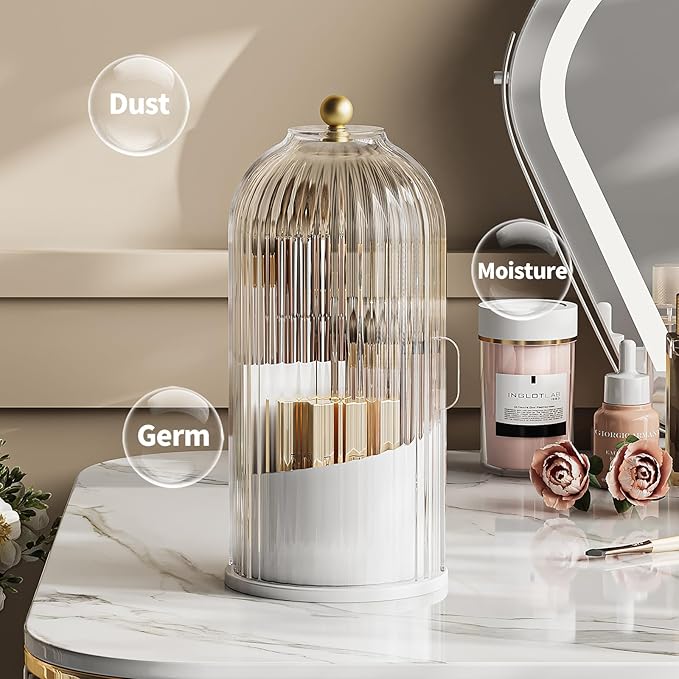 Makeup Brush Holder Organizer, 360 Rotating Makeup Brush Organizer Cosmetics Make up Brush Organizer for Vanity, Waterproof Dustproof Makup Brush Storage for Bathroom Countertop, White-Clear