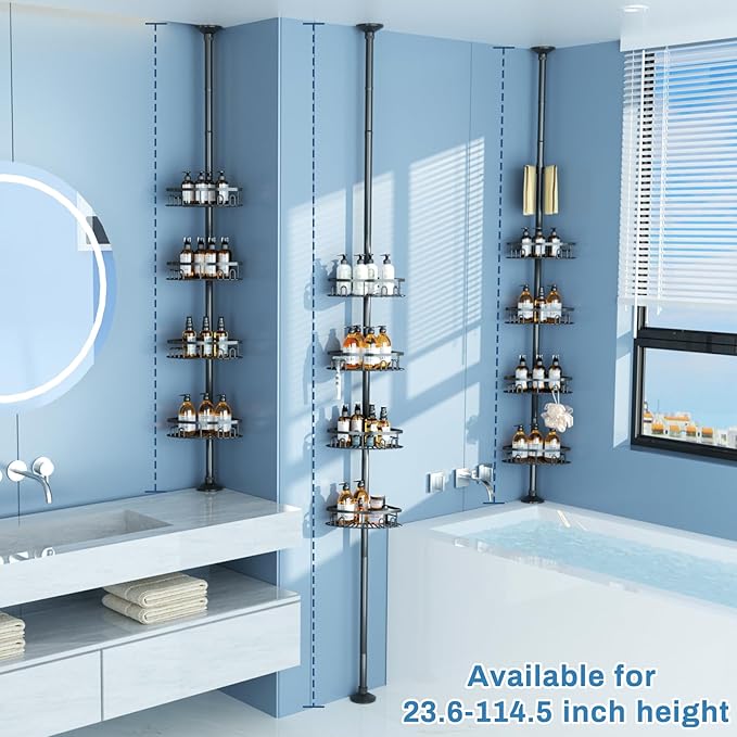 Rustproof Corner Shower Caddy Tension Pole, 4 Large Baskets for Bathtub Shampoo Storage Organizer Bathroom Height Adjustable Shelves from 23.6 to 114.5 Inch with Towel Bar