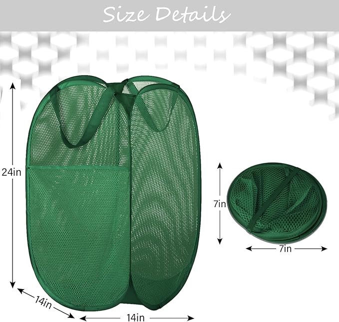 BATTOO Deluxe Strong Mesh Pop up Laundry Hamper Basket with Side Pocket for Laundry Room, Bathroom, Kids Room, College Dorm or Travel Green