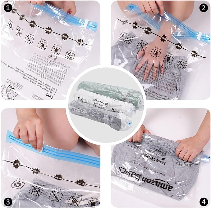 Amazon Basics Roll-Up Travel Compression Storage Bags for Clothes and Towels, No Vacuum Needed, Clear, 12 Pack (6 Small & 6 Medium)