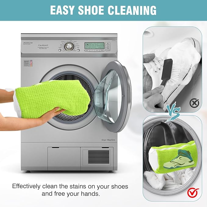Shoe Washing Machine Bag, Shoe Laundry Bag for Washer and Dryer, Include Dry Net Bag, Reusable and Durable Zipper with Hook Design, Shoe Washing Bag for Sneaker (Green, 2 Pack)