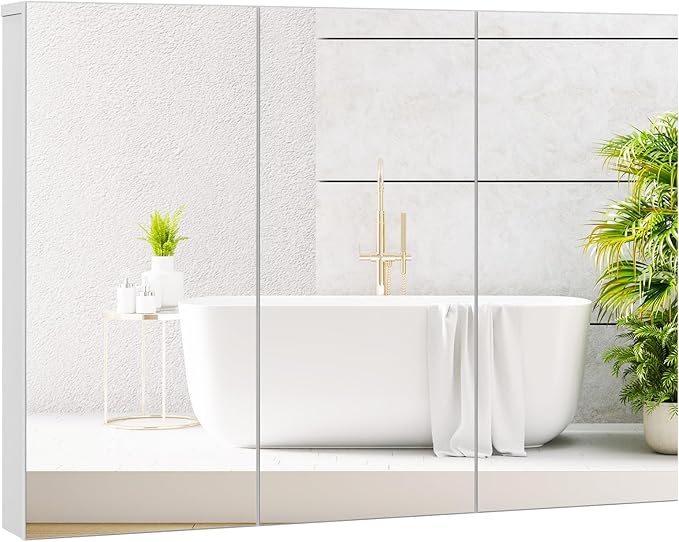 Tangkula Mirrored Medicine Cabinet, Large Wide Wall Mounted Storage Cabinet with 3 Mirror Doors, Hanging Bathroom Organizer, White, 34.5 x 5 x 25.5 Inches