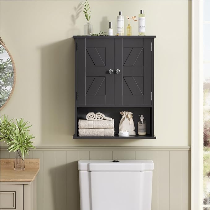 TEENFON Bathroom Wall Cabinet, Over The Toilet Space Saver Storage Cabinet with Barn Doors & Adjustable Shelf, Hanging Medicine Cabinet, Black UNGGX003HV1