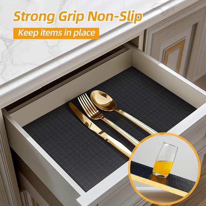 Shelf and Drawer Liner for Kitchen Cabinets Non-Adhesive, Strong Grip Non-Slip Thickened Cabinet Liners for Shelves, Waterproof Mats for Dresser Cupboard, Black, 17 in x 10 Feet