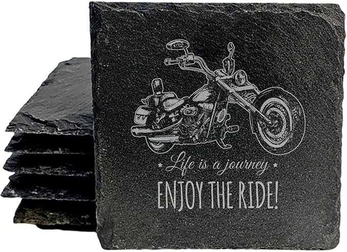 Engraved Motorcycle Journey Slate Coasters Set of 4 – Square – USA Made