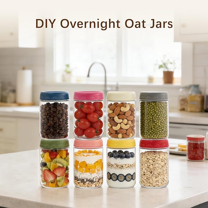 18 OZ 8 Pack Overnight Oats Jars with Airtight Lids and Jar Sleeve, Glass Containers for Meal Prep, Leak-Proof Food Storage Jars for Yogurt, Pudding & Healthy Breakfast (18oz-8 Pack)