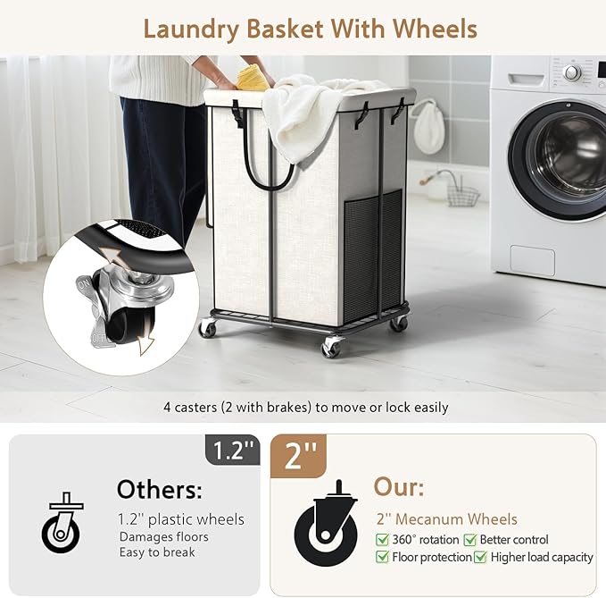 40 Gal Large Laundry Hamper with Lid, Rolling Laundry Basket with Wheels, Oxford Fabric Dirty Clothes Hampers with Removable Laundry Bag & Metal Frame for Bedroom, Laundry Room, Bathroom, Dorm(White)