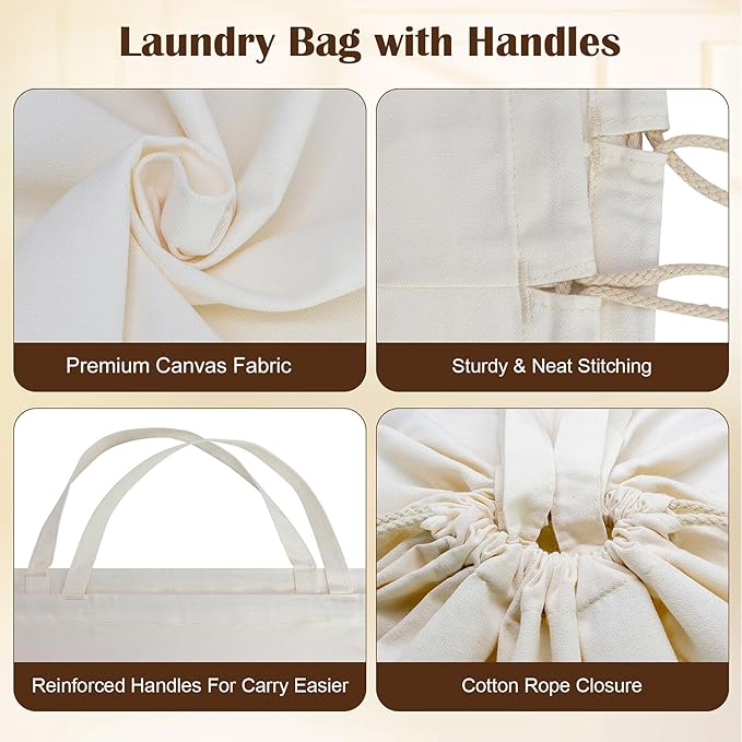 Canvas Laundry Bags with Handles & Rectangular Base, 20"Lx15"Wx27.6"H Extra Large Heavy Duty Laundry Basket Hamper Liner Replacement, Washable Canvas Drawstring Dirty Clothes Bag
