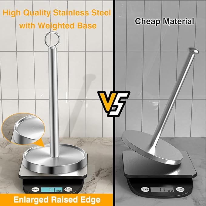 Paper Towel Holder Countertop, Stainless Steel, Weighted Base, Paper Towel Stand Holder for Kitchen Bathroom Farmhouse Essentials Decor Accessories, Silver