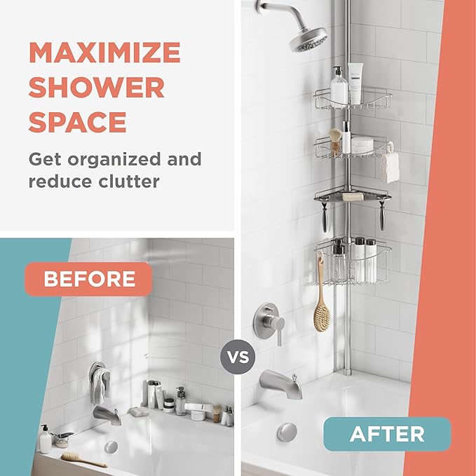 Zenna Home Tension Pole Shower Caddy Corner Organizer, Adjustable Standing Shower Caddy with 3 Shelves and Soap Tray, Rust Resistant Bathroom Tension Rod Organizer, 60 to 97 Inch, Satin Nickel