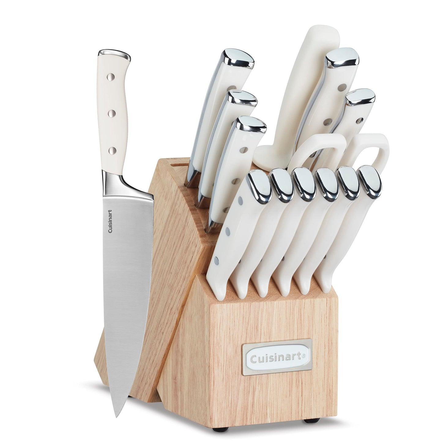 Cuisinart 15-Piece Knife Set with Block, High Carbon Stainless Steel, Forged Triple Rivet, White, C77WTR-15P
